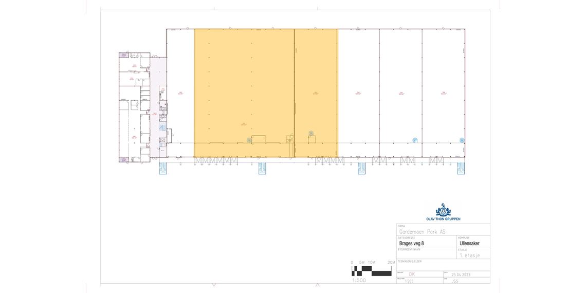 Planløsning for lager arealnr 1104 og 1105 er merket med gult