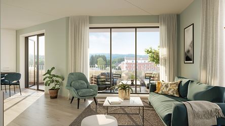 Interiørbilde av stue i Skårerløkka boligprosjekt, Thon Eiendom